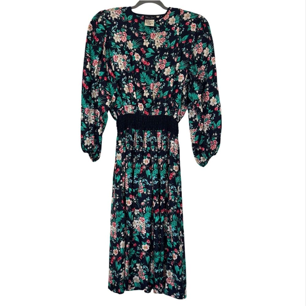 VTG 1980s Diane Freis 100% Silk Dress M Georgette Floral Cherries Pleated Belted